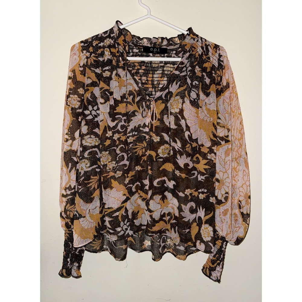 O.P.T. Floral Smocked Blouse Orange Black Gold Lurex Boho Top S Boho Peasant